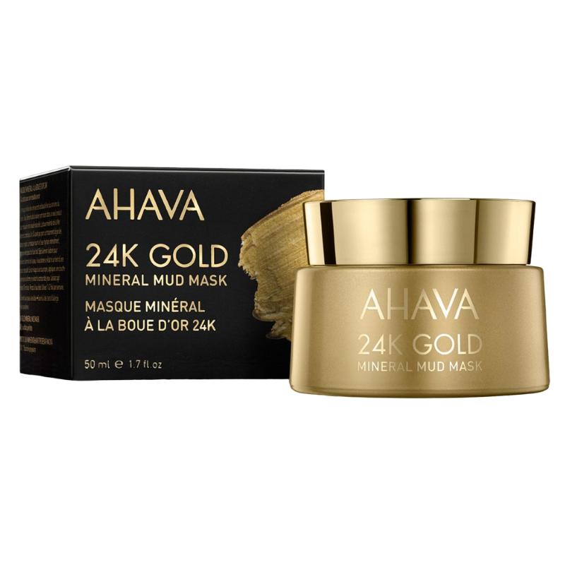 AHAVA 24K Gold Mineral Mud Mask, 50 ml, in goldener Verpackung mit schwarzem Karton.