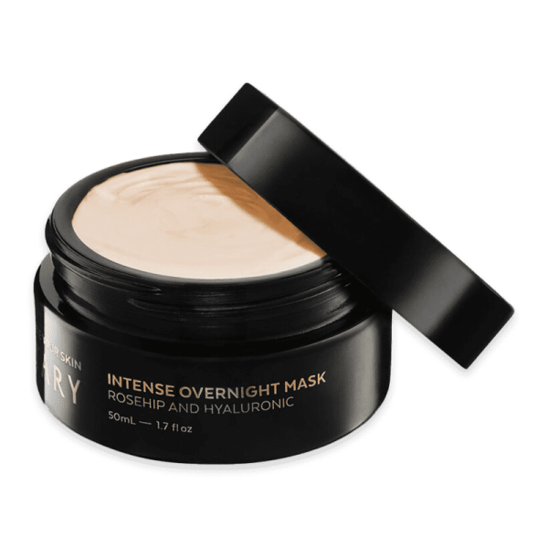 Votary Intense Overnight Mask mit Hagebutte und Hyaluron, 50ml, schwarzer Tiegel mit offenem Deckel.