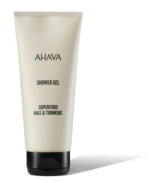 AHAVA Duschgel Superfood Kale & Turmeric in einer weißen Tube mit schwarzem Deckel.