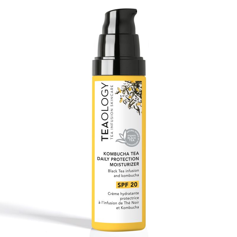 TEAOLOGY Kombucha Tea Daily Protection Moisturizer SPF 20 in gelber Flasche mit schwarzem Spender.