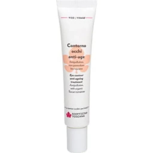 Tube mit Anti-Aging-Augencreme von Bottega di LungaVita, weiße Verpackung mit rotem Logo und schwarzem Text.