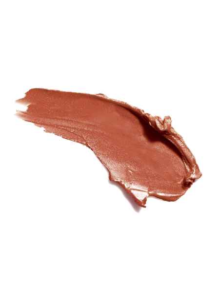 Nahaufnahme eines braunen Lippenstift-Abstrichs auf weißem Hintergrund.