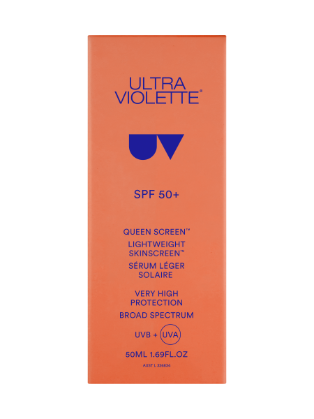 Orange Verpackung von Ultra Violette Queen Screen SPF 50+ mit UVB- und UVA-Schutz, 50ml.