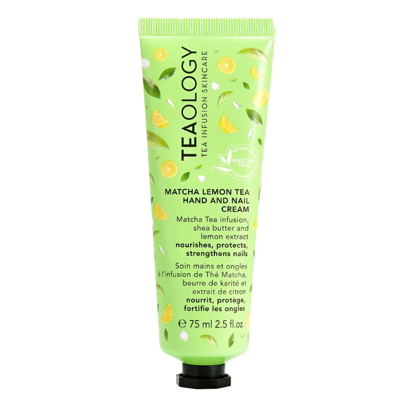 Grüne Tube mit TEAOLOGY Matcha Lemon Tea Hand- und Nagelcreme, 75 ml, mit Zitronen- und Matcha-Design.