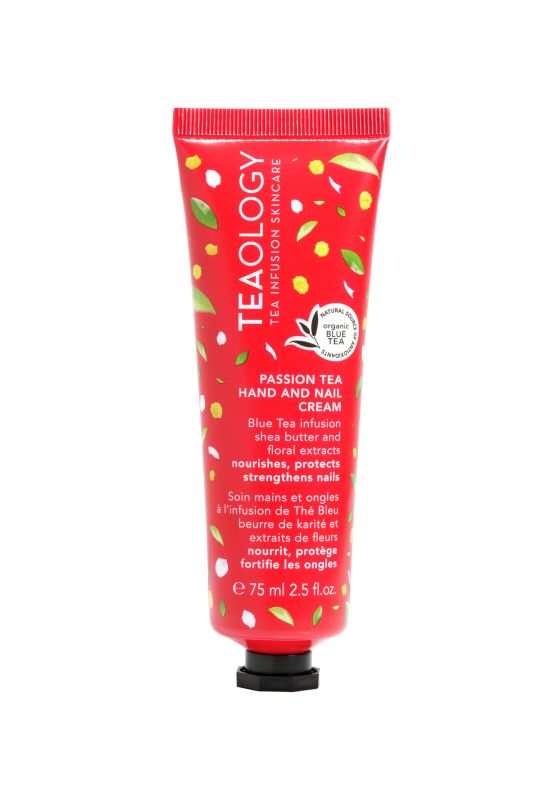 Rote Tube mit Passion Tea Hand- und Nagelcreme von Teaology, 75 ml, mit blauen Tee-Infusion, Sheabutter und Blütenextrakten.