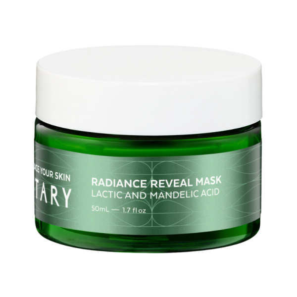Grünes Glasgefäß mit weißem Deckel, VOTARY Radiance Reveal Mask, Lactic and Mandelic Acid, 50ml.