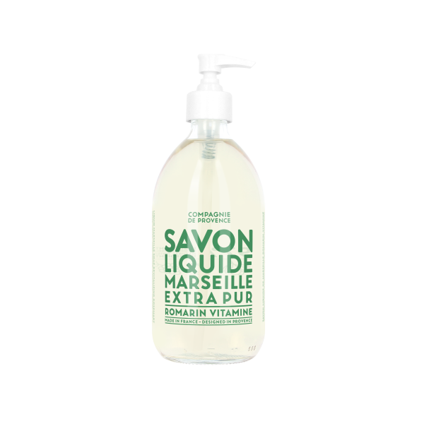 Flasche Compagnie de Provence Savon Liquide Marseille Extra Pur Romarin Vitamine, 500 ml, mit Pumpspender.